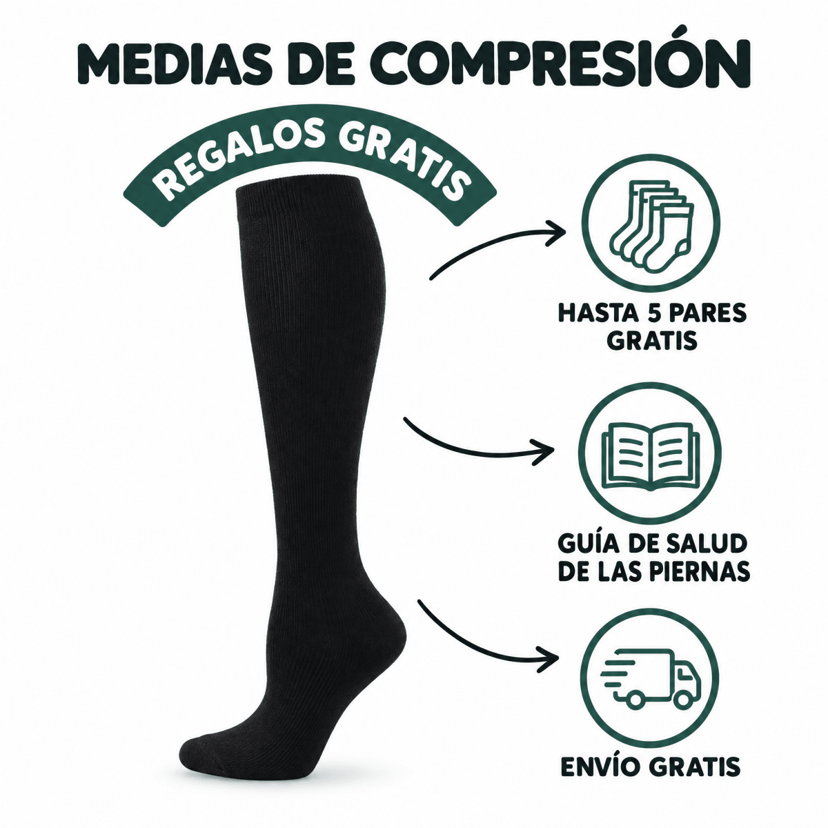 Medias de compresión con regalos gratis: hasta 5 pares, guía de salud de las piernas y envío gratis